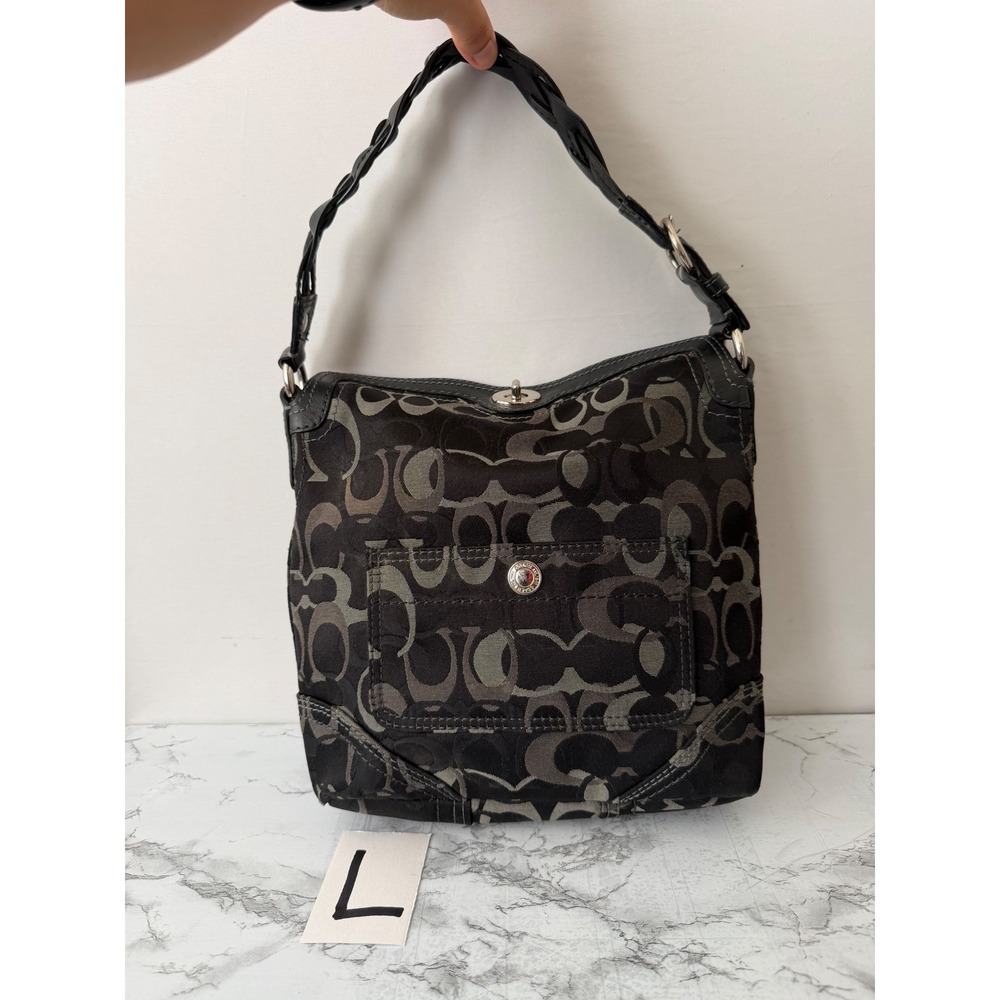 Coach Shoulder Bag Signature Monogram Jacquard Black Grey Large
